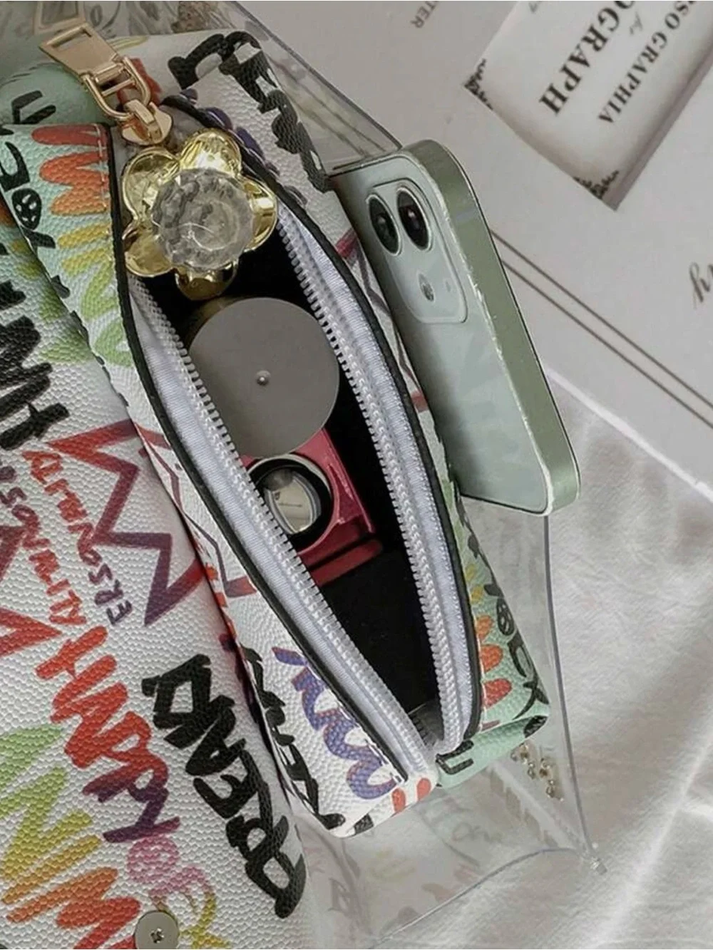 Pastel Multi Graffiti Studded Crossbody Bag with Chain Strap - Picture 2 of 7